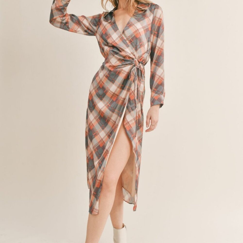 Plaid Surplice Midi Dress | Gray Multi